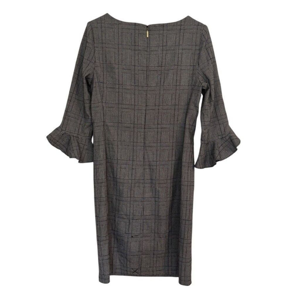 Karl Lagerfeld Sz 8 Plaid Ponte Knit Bell Ruffle Sleeve Sheath Dress Black White - Picture 2 of 8